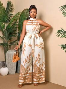 BIUBIU Plus Size Women's Tropical Leaf Print Sleeveless Jumpsuit With Belt, Elegant Loose Linen Blend Jumpsuit, Holiday Outfit, Women's Festival Clothing - Apricot Coffee - View 1