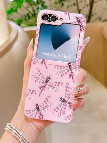 Grid 1pc Fashionable And Simple Skin Feel PC Material Cute And Simple Cute Pink Checkered Little Dragonfly Element Folding Phone Case, Can Protect And Prevent Falling For: SamsungGalaxy Zflip 3/Zflip 4/Zflip 5/Zflip 6/Zflip 7/ Find N3 Flip/ Razr 50 Ultra/ Razr 60 Ultra/ Rallazar 60/ Razr 50/XiaomiMIX Flip/Galaxy Z Flip7 FE - Pink - View 9