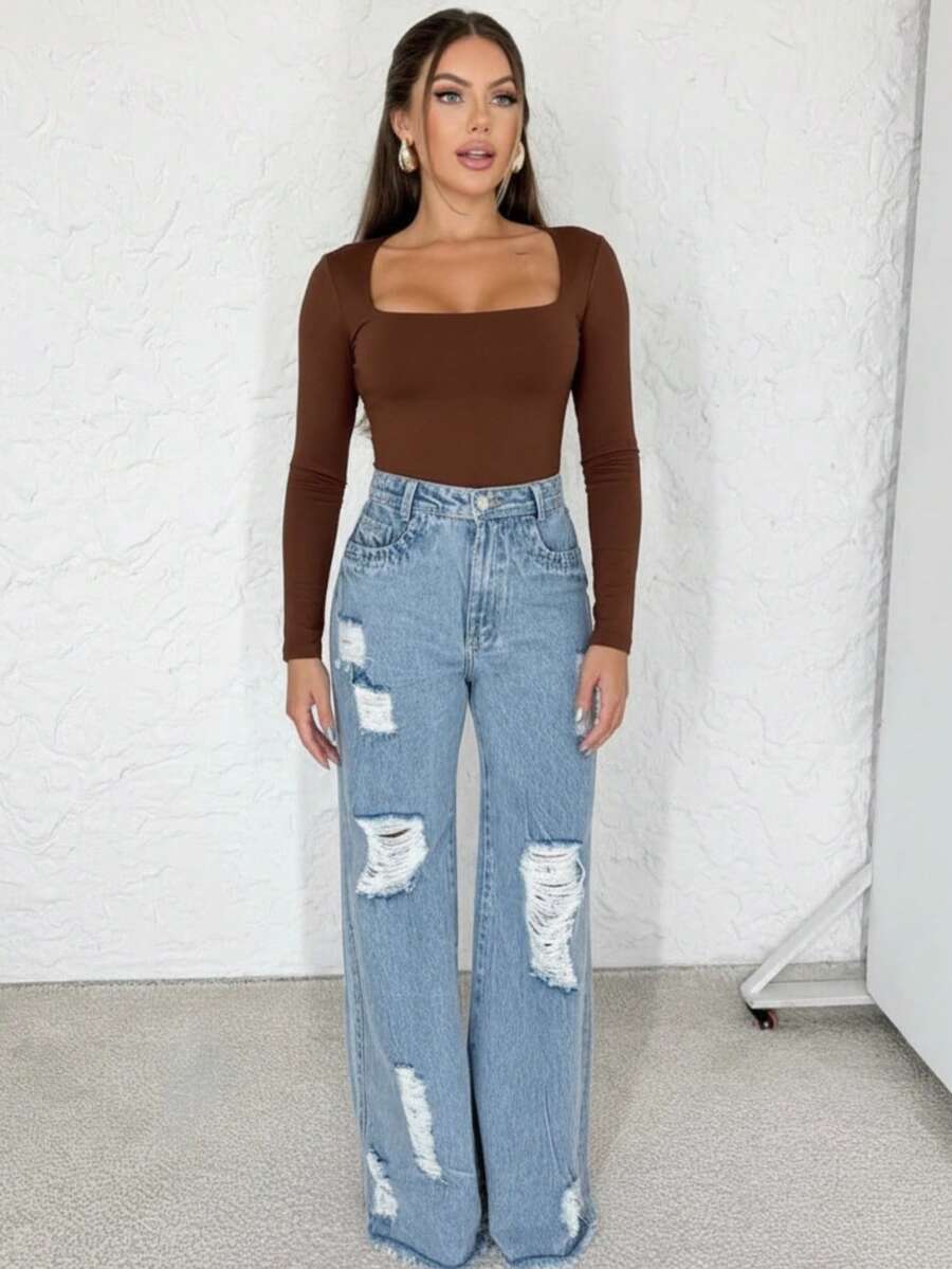 Kit 1, 3 Bodysuits, Women's Shaping Bodysuit, Second Skin Style, Square Neckline, Long Sleeves, Basic, High Fashion, Versatile, Elegant, Blogger Style - Coffee Brown - View 1