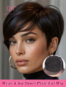 QVR QUEEN VIRGIN REMY QVR 短直发精灵头假发，波波头造型，即戴即走，女士精灵头假发，无需胶水，真人发，全机织，自然黑色，日常佩戴舒适。 - Natural Black - 查看 9