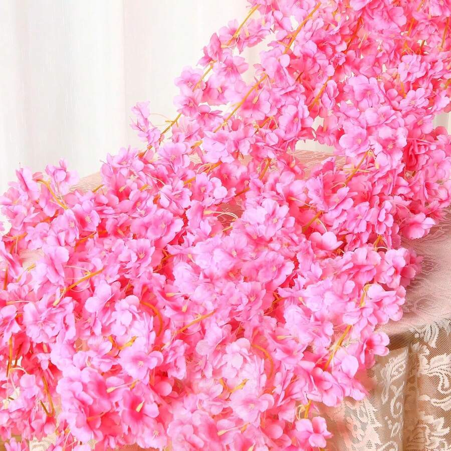 1件装丝绸樱花藤蔓仿真花假樱花植物情人节新娘花束秋季装饰婚礼花瓶家居餐厅卧室装饰，节日生日派对配件，户外花园装饰 - 玫紅色 - 查看 1