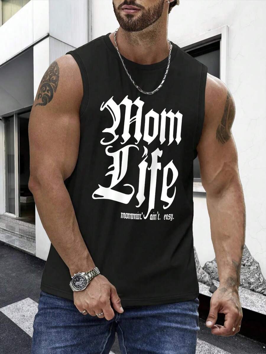 Men's Sleeveless Tank Top With "Mom Life​​ Mommies Ain't Easy" Print - Breathable And Stretchy, Suitable For Gym, Running And Casual Wear - All-Season Sports Training Top, Daily Exercise Wear, Athletic Style. - 黑色 - 查看 1