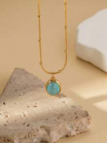 1pc Oval Pendant Necklace, Suitable For Women's Daily Wear And Gift - Gold - View 5