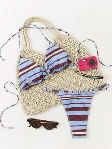 Top de bikini a rayas de color contrastante con colgante metálico delicado - Multicolor - Ver 3