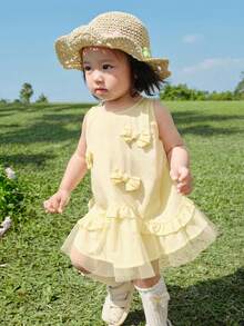 Balabala Đầm công chúa ngọt ngào không tay cho bé gái với nơ và bèo nhún, kiểu dáng chữ A thoải mái cho bé gái, bộ sưu tập mùa hè xuân mới. - tông màu vàng - Xem 2
