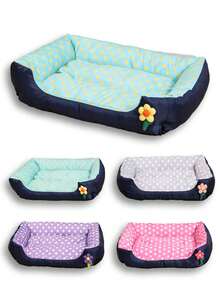 LANGXINGCS 1pc Square Floral Pet Bed, Cool Material Polka Dot Pattern With Unique 3D Flower Decor, Cute Cat/Dog Cooling Bed Suitable For Small/Medium/Large Pets - Multicolor - View 1