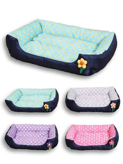 LANGXINGCS 1pc Square Pet Bed, Wear-Resistant Polka Dot Pattern With Unique 3D Flower Decor, Plush Fabric Cat/Dog Sleeping Bed, Suitable For Small, Medium And Large Pets