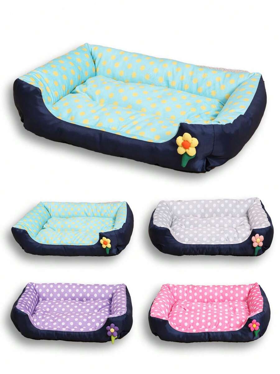 LANGXINGCS 1pc Square Floral Pet Bed, Cool Material Polka Dot Pattern With Unique 3D Flower Decor, Cute Cat/Dog Cooling Bed Suitable For Small/Medium/Large Pets - Multicolor - View 1