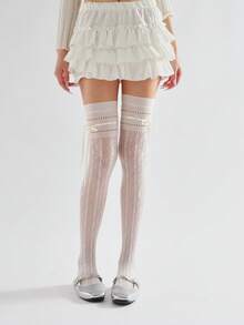 Spring & Summer Ballet Style Bow Tie Hollow Rhombus Pattern Thigh High Socks, Lolita Lace Retro Stockings - Multicolor - View 5