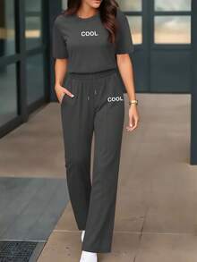 女士新款夏季两件套，个性化字母印花圆领短袖T恤搭配高腰抽绳直筒裤 - 深灰色85 - 查看 3