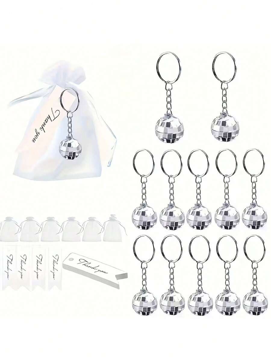 15pcs/Set Disco Ball Keychain Gift Set, Including Disco Ball Keychain, Gift Bag And Tag, Disco Ball Decor, 70s Party Favorite Decor, Carnival Supplies, Birthday, Carnival, Holiday Party Keychain Gift Set