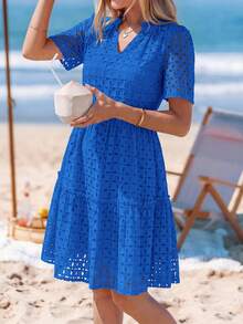 PRETTYGARDEN Women's Summer Dress V-Neck Hollow Eyelet Ruffle A-Line Hem Elegant Short Casual Wedding Graduation Travel Beach Holiday Vacation Blue Dresses For Women - 藍色 - 查看 4