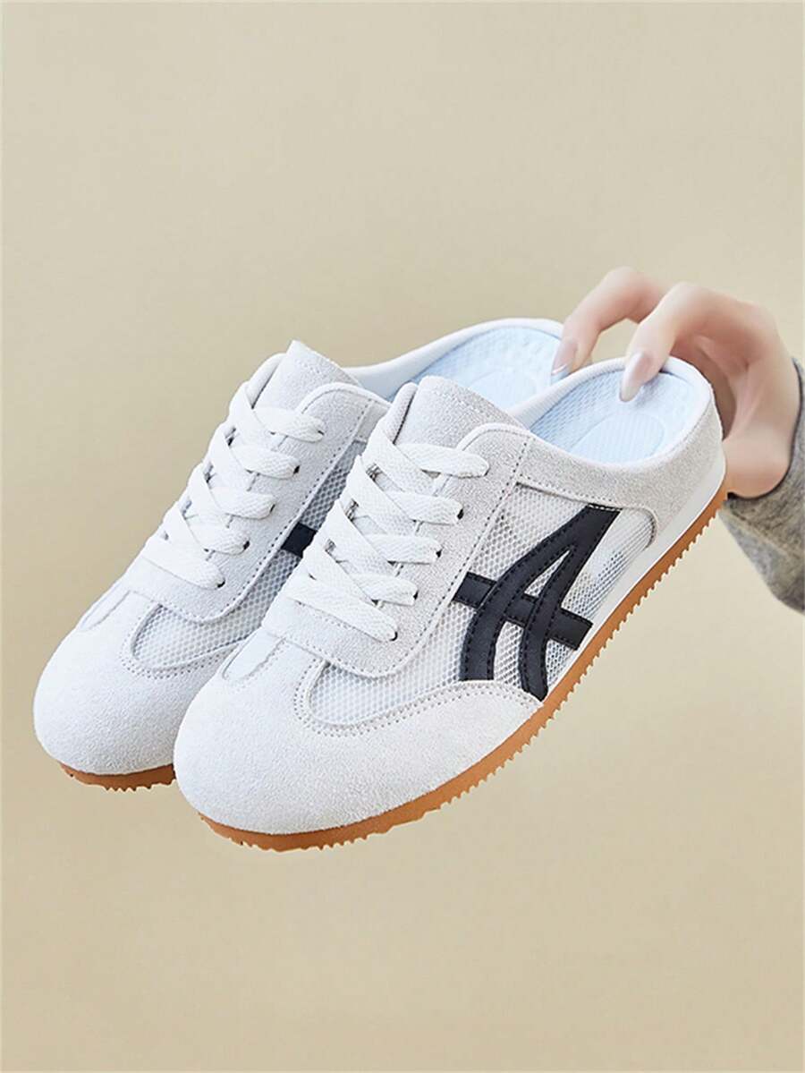 Shoes 夏季透气网面穆勒鞋，复古系带休闲鞋，轻便防滑平底步行鞋 - 米色 - 查看 1