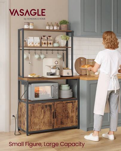 VASAGLE Kitchen Bakers Rack With Power Outlet, Coffee Bar With 35.4-Inch High Worktop, Microwave Stand With 8 Hooks