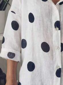 Women's Fashionable White Polka Dot Blouse, V-Neck 3/4 Sleeve Button-Up Top, Casual Loose Polyester Shirt, Suitable For Daily Wear Vacation - Multicolor - View 4