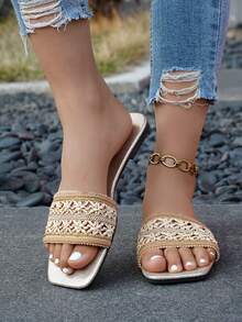 planare Women's Fashionable Elegant Square Toe Slip-On Flat Sandals In White & Brown, Suitable For Summer Daily Commute And Date Outfit - Platinum - View 7