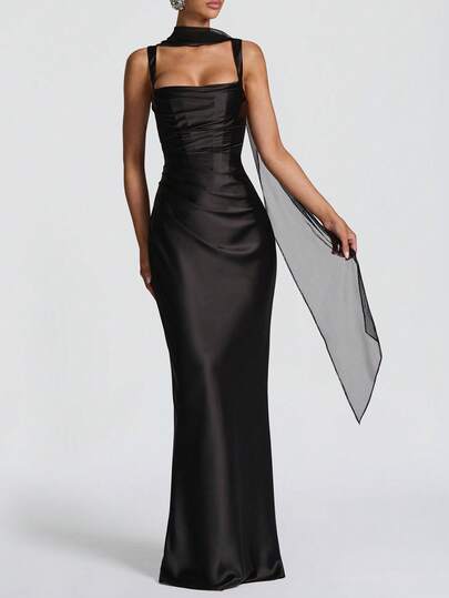 Vestido de noche elegante y sexy de satén negro con cuello cuadrado, ajustado y de corte sirena, adecuado para fiestas de cóctel y ocasiones formales