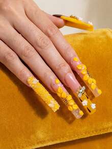10Pcs Premium Handmade Extra Long Square Press On Nails, 3D Bee, Honey Drip Decor, Honeycomb Accents, Pink Yellow Gradient Base, Glitter Details, Sweet Summer Style, High Gloss Finish, Salon Grade Reusable, Daily, Gatherings, Gift Summer - Màu vàng - Xem 3