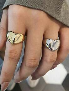 2pcs Fashionable Personalized Smooth Zinc Alloy Heart Open Ring For Women, Suitable For Daily Wear, Party, Summer Jewelry Gift - Multicolor - View 2