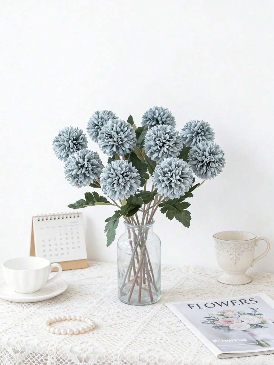 1个仿真菊花球,刺绣菊花球,婚礼装饰,家居花瓶装饰,餐厅客厅卧室花卉装饰,新娘捧花,腕花,胸花材料,生日派对装饰,新年情人节礼物,DIY花环 - 藍色 - 查看 1