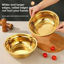 2pcs Stainless Steel Kitchen Set - Includes Thick Multi-Function Colander And Steamer Basket, Suitable For Rinsing Rice, Fruits, Pasta, Soup Pot And Whisk | Dishwasher , Anti-Rust, Space-Saving Design - Golden Drain Net - View 3