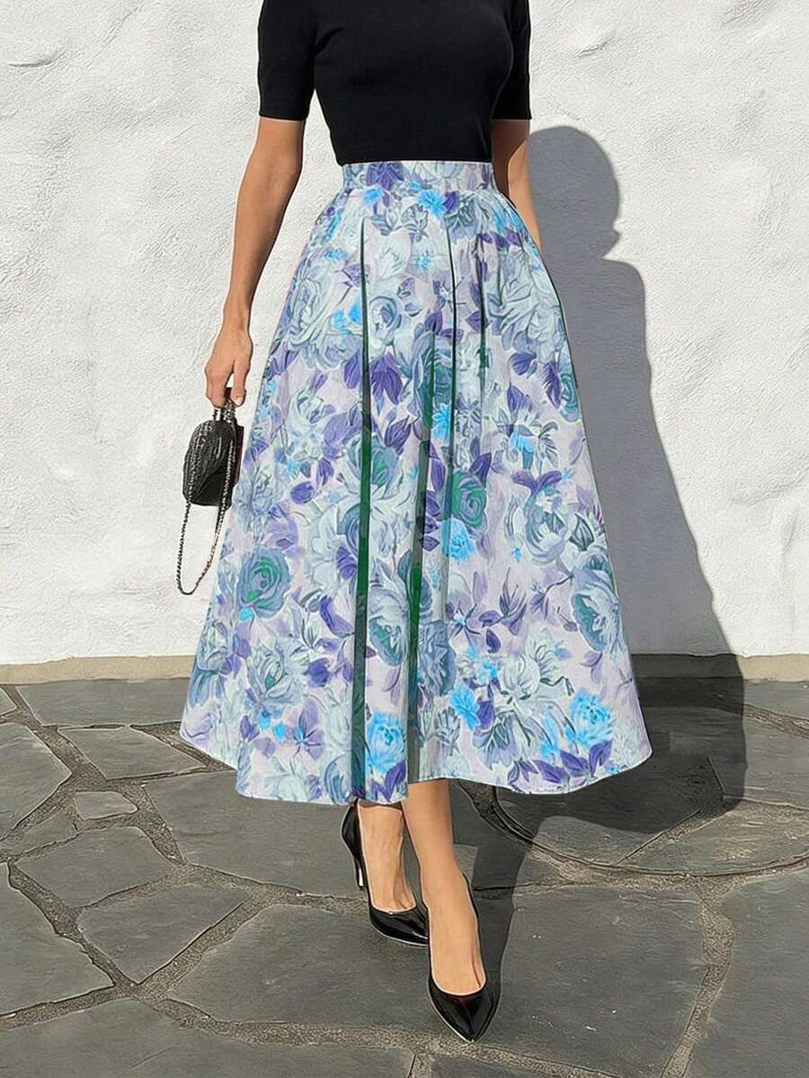 Floral Print A-Line Skirt, Elegant For Commuting And Vacation, Elastic Waistband, Spring/Summer - Baby Blue - View 1