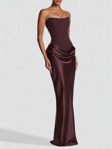 Đầm maxi cúp ngực gợi cảm Maggie dành cho nữ, ôm sát cơ thể, màu nâu, dáng dài, xếp ly, thắt dây phía sau, thanh lịch, thích hợp cho sinh nhật, dạ hội, tiệc cocktail. - màu nâu - Xem 5