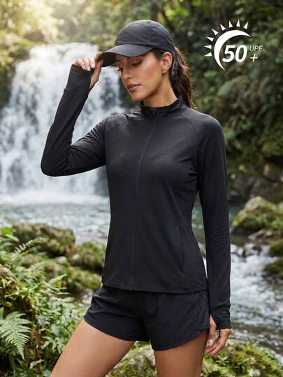 Cavva 女士 UPF 50+ 轻便防晒外套，速干弹力长袖开衫，纹理面料，修身剪裁，插肩袖，隐藏式拉链口袋，拇指孔，适合徒步、跑步、瑜伽等户外活动