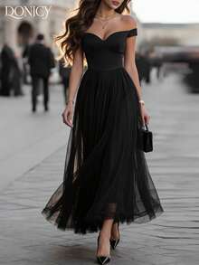 DONICY Elegant Black Off-The-Shoulder Tulle Maxi Dress, Romantic Sweetheart Neckline Fitted Bodice With Sheer Layered Skirt For Evening Parties & Weddings - Black - View 7