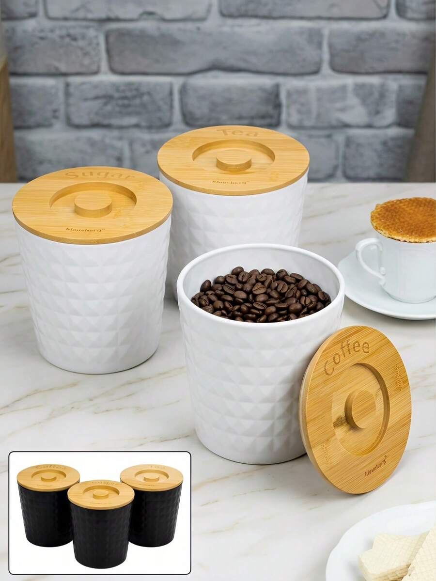 Conjunto de 3 recipientes herméticos para armazenamento doméstico com padrão de diamante e estilo nórdico minimalista. Ideais para armazenar açúcar, café, chá e biscoitos, perfeitos para cozinhas domésticas, cafés, casas de chá, restaurantes e padarias. - Ver 1