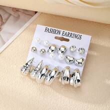 Set de 18 piezas de aretes con diseños asimétricos geométricos en forma de corazón y gota de agua, diseño minimalista y elegante de lujo, adecuado para uso diario - Plateado - Ver 3