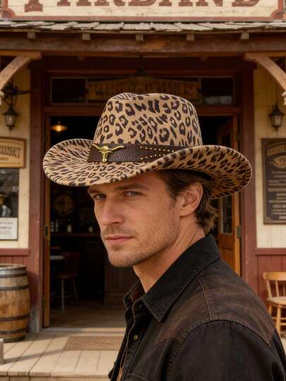 Leopard Print Denim Cap - Western Style - For Outdoor Party Outings - Sun Protection Cap - Wide Brim Design - Fashionable Men's Denim Cap - Hat With Woven Trim