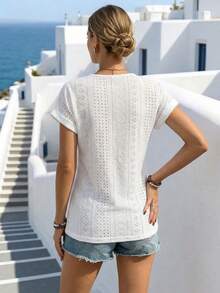 Women's White Hollow Embroidered V-Neck Blouse, Elegant Lace Trim Short Sleeve Summer Top Casual - White - View 2