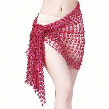Women's Hollow Belly Dance Scarf Women's Belly Dance Tassel Skirt Clothing Accessories Sequins Short Skirt - 水果綠 - 查看 4