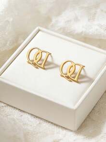 1对时尚百搭几何镂空字母耳钉 - 金黃色 - 查看 5