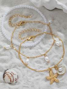 3 Peças/Conjunto Tornozeleira Estilo Boêmio de Praia com Estrela do Mar, Concha e Pérola Falsa em Aço Inoxidável, Adequado para Homens e Mulheres, Uso Diário e Férias - Multicolorido - Visão 5