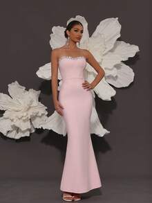Handmade Rhinestone Embellished Bandage Strapless Mermaid Knit Dress, Luxury Sexy Fashion Fitted Dress For Family Gatherings, Parties, Banquets, Formal Occasions Party Wedding Spring - Baby Pink - View 1