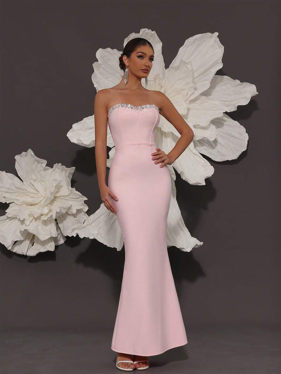 Handmade Rhinestone Embellished Bandage Strapless Mermaid Knit Dress, Luxury Sexy Fashion Fitted Dress For Family Gatherings, Parties, Banquets, Formal Occasions Party Wedding Spring - Baby Pink - View 1