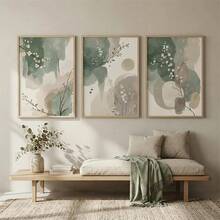 Japanese-Style Plant Wall Art, Abstract Watercolor Leaf Flower Posters, Sage Green And Beige Prints, Minimalist Floral Art, Modern Decor, Home Decoration For Living Room Bedroom, Wall DecorOptional Frame - Multicolor - View 1