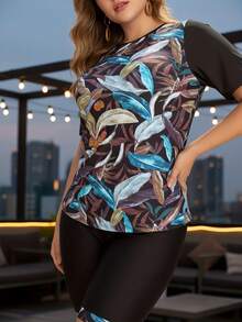 Plus Size Vintage Tropical Plant Rash Guard Swimsuit - Crew Neck Short Sleeve Top With Knee-Length Boyshorts Modest Tummy Control Swimwear - 彩色 - 查看 3