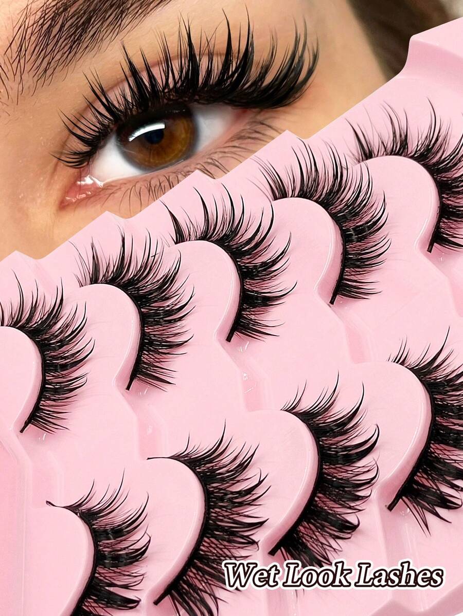 Asiteo 5 paires de faux cils en poils de vison denses au toucher mouillé, style dessin animé. Faux cils naturels croisés et délicats pour le cosplay de poupée, maquillage dramatique réutilisable - Noir - Voir 1