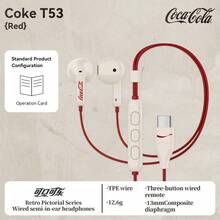 Coca-Cola 可口可乐 T53 有线半入耳式耳机，13mm 复合驱动单元带来深沉低音，Type-C 无缝连接器，轻盈舒适，佩戴如云般舒适，并带有线控 - 查看 6