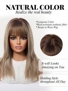 Tóc giả ombre nâu dài trung bình 16 inch có mái, được làm từ sợi tổng hợp chịu nhiệt, dễ đội và dễ bảo quản, phù hợp cho phụ nữ sử dụng hàng ngày, đi nghỉ lễ, dự tiệc và hóa trang. - Màu nâu ombre - Xem 4