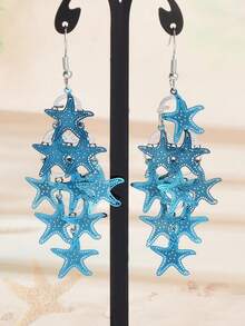 1对夏季沙滩饰品，海洋系列蓝色多层海星吊坠耳环，适合女士度假装扮 - 藍色 - 查看 3