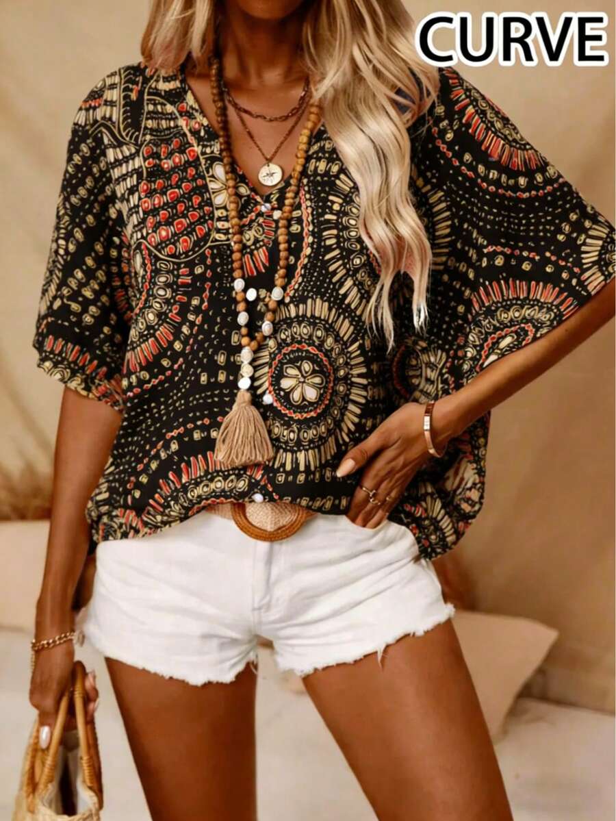 Plus Women's Bat Sleeve Printed V-Neck Blouse Black Summer