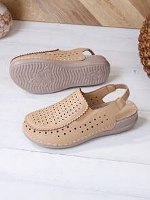 1 Pair Women's Elastic Band Embroidered Handmade Slip-On Mules, Lightweight, Comfortable, Fashionable For Commuting And Travel - Apricot - View 3