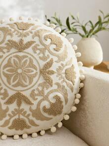 1 buah Sarung Bantal Bulat Bordir Medali Beige Tradisional, Sarung Bantal Bunga Musim Semi/Panas, Cocok untuk Dekorasi Dalam Ruangan, Sarung Bantal Sepanjang Musim, Isian Bantal Tidak Termasuk - Krem - View 5