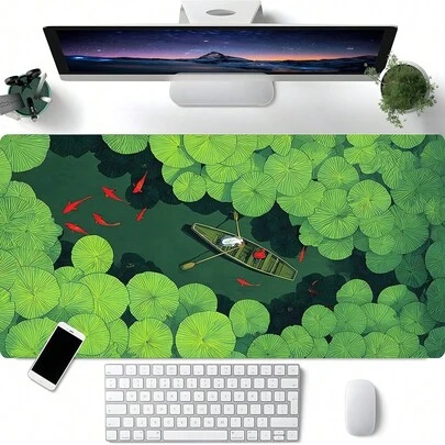莲花池划艇 XXL 加长游戏鼠标垫，大号桌面垫，防滑橡胶底座，锁边缝制，可水洗，适用于游戏、家庭办公环境，是游戏玩家、自然爱好者和审美爱好者的理想礼物。