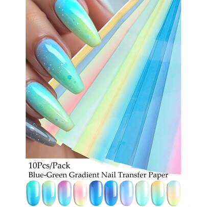 10pcs/Set Blue-Green Gradient Nail Art Transfer Paper, Fresh Macaron Color Gradient Nail Art Decorations, Y2K Dreamy Nail Art Decorations, Soft Gradient Rainbow Nail Art Transfer Paper, Spring/Summer Nail Art | Everyday Nail Art | Date Nail Art, DIY Nail Salon Accessories (Non-Adhesive) Nail Stickers