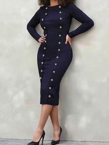 Vestido de mujer de cuello redondo elegante, unicolor, con cierre de botones delantero, para primavera - Azul Marino - Ver 4